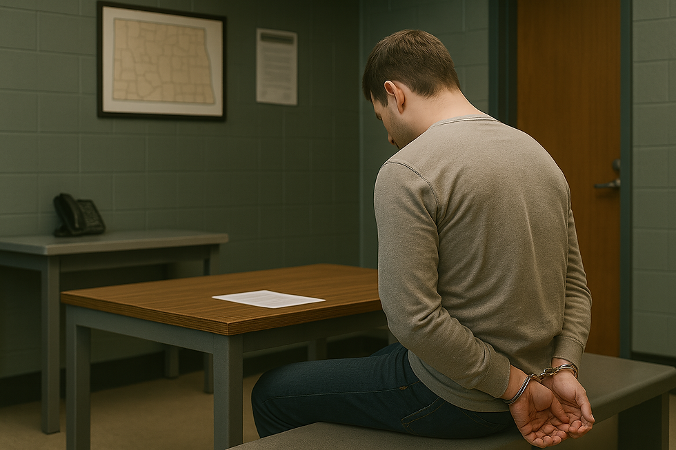 Man sitting at police station showing a criminal arrest in North Dakota