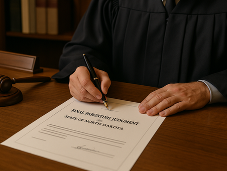 Judge signing parenting plan showing the end of the custody process in North Dakota
