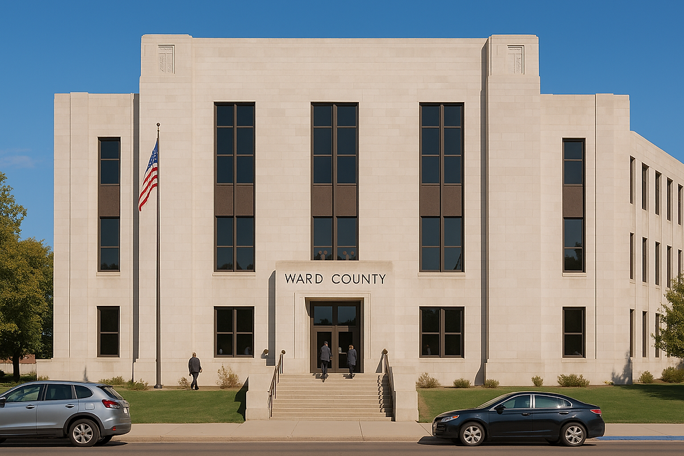 Ward County Courthouse exterior in Minot, ND with people arriving for court