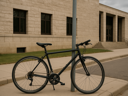 A bicycle parked near a North Dakota courthouse