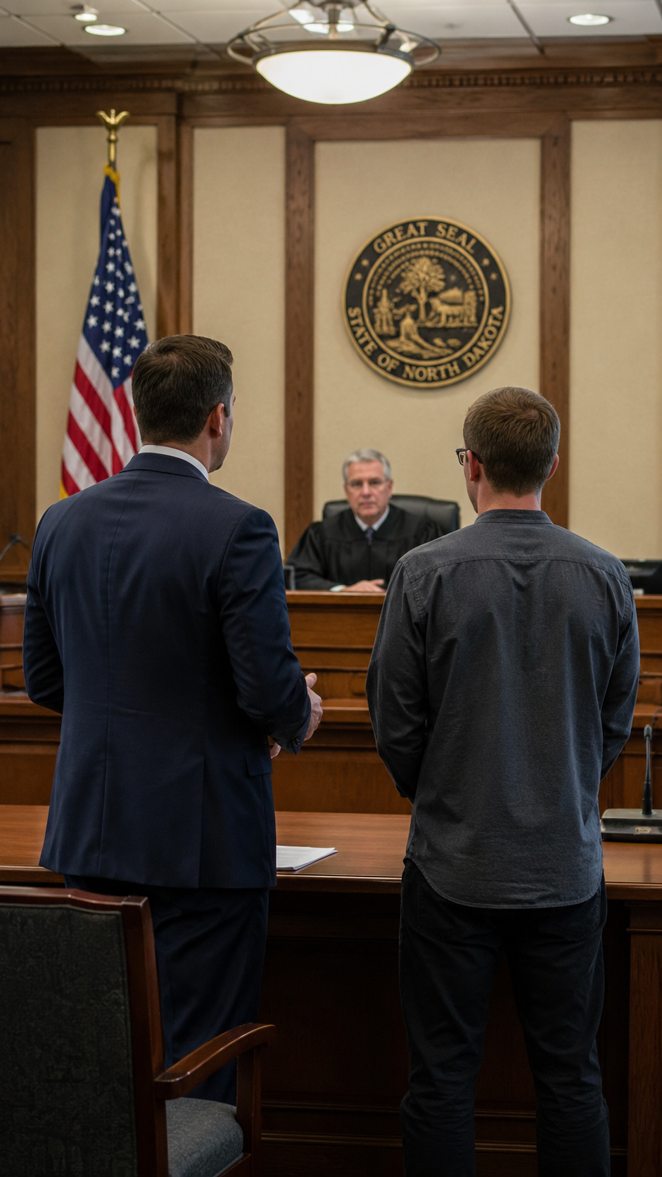 Domestic violence charges North Dakota courtroom appearance showing a criminal defense attorney standing beside a client before a judge in a North Dakota courtroom, illustrating the legal process after a domestic violence arrest in North Dakota and criminal defense representation in Bismarck.