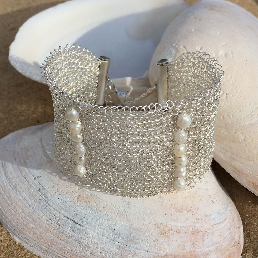 Thumbnail: Cuff Bracelet 1.5" Silver w/ Pearls