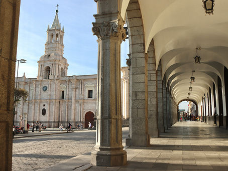 Sophisticated cityscape of Arequipa with colonial architecture and volcanoes