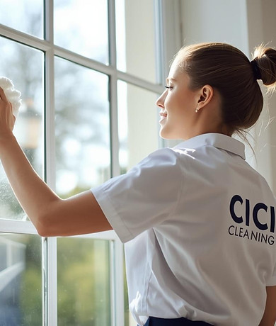 Vreau o imagine cu o femeie care curata un geam la o casa si cu numele companiei mele pe u