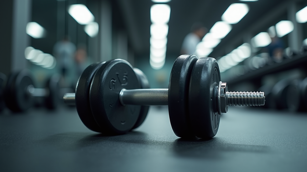 Close-up view of dumbbells on a gym floor ready for a workout