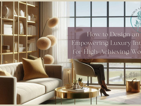Luxurious living room with beige sofa, large bookshelves, and tall windows. Woman at desk. Text: How to Design an Empowering Luxury Interior for High-Achieving Women with black designer QuianaRose of Design A Rose Interiors Chicago