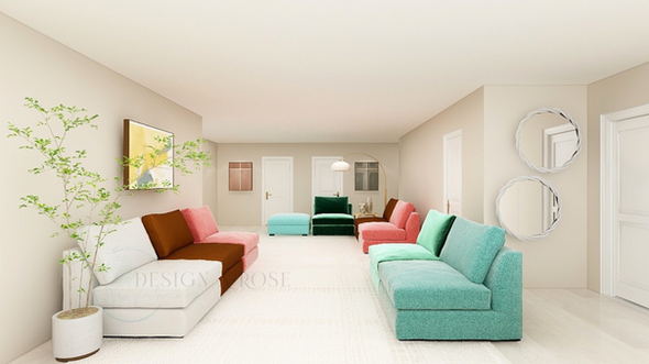 Vibrant, modern waiting room with color-blocked modular seating in teal, coral, and emerald. Designed by Design A Rose Interiors, a Black woman-owned interior design firm bringing wellness-focused luxury to commercial spaces, including medical and dental offices in Indiana and Chicagoland