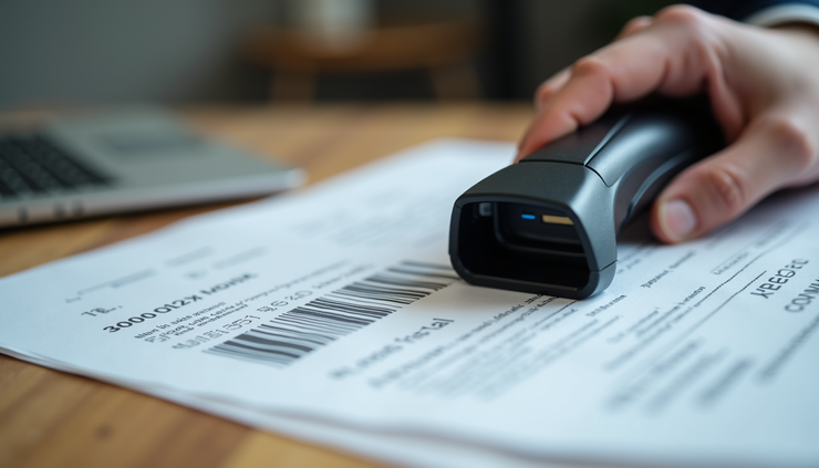 Eye-level view of a legal document scanner with barcode labels on files