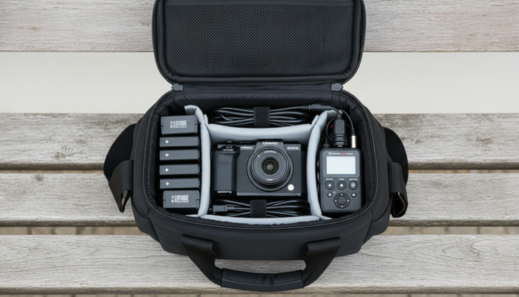 Overhead view of a packed camera bag with batteries and memory cards