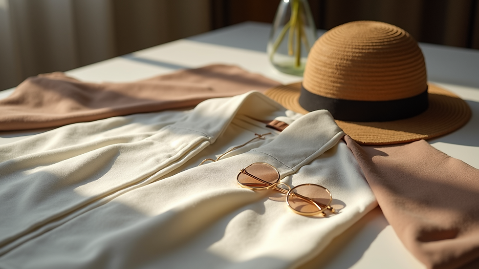 Close-up view of a modern elegant outfit with accessories on a table