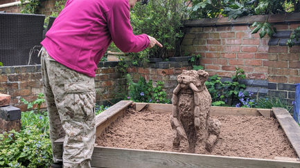 The bad dog that stole the sausage - sculpted from sand in an urban sand pit