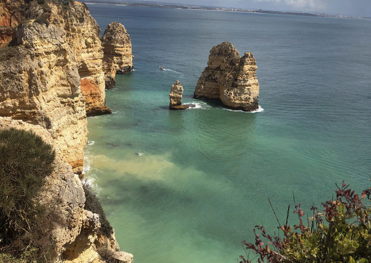 Beautiful view over the beaches of the Lagos, located in southern Portugal's Algarve region with golden sands and deep blue ocean