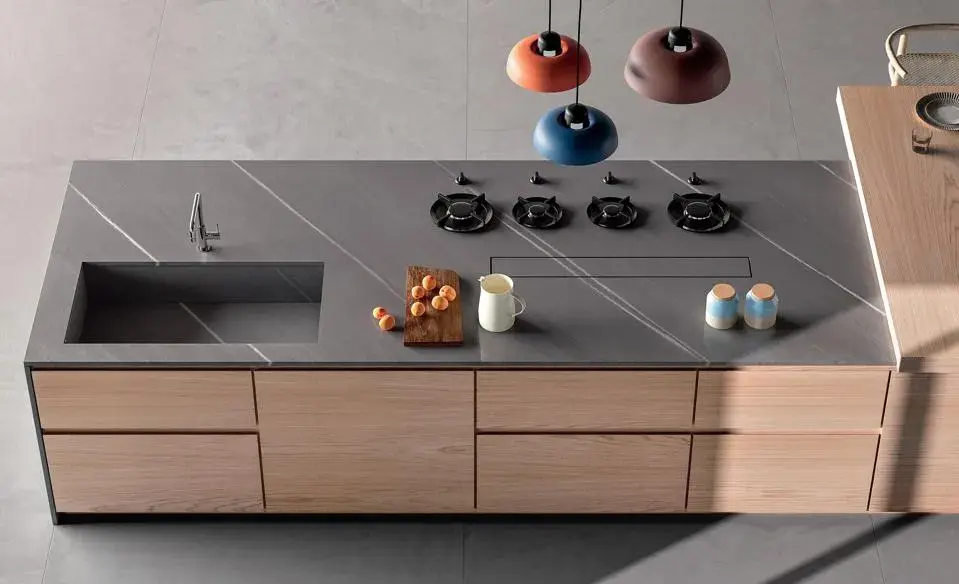 Modern kitchen design, interior design, kitchen design, kitchen with porcelain countertops with integrated sink and cooktop