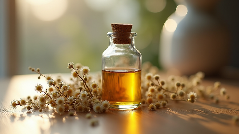 Close-up view of a glass bottle with natural essential oils and dried flowers