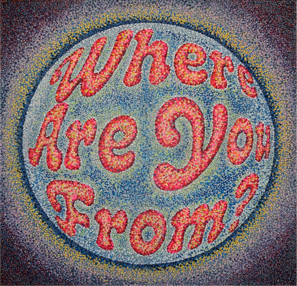 Where Are You From, 2026,Fabric, Acrylic, on Wood Panel, 36 x 36 inches