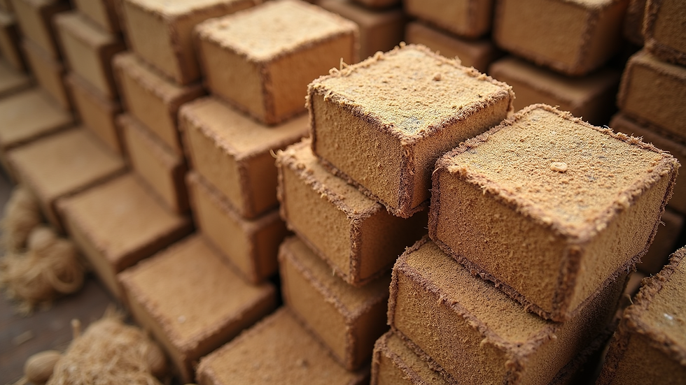 High angle view of stacked coco coir blocks ready for shipment