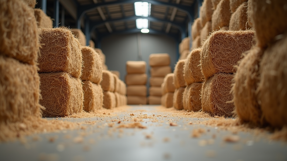 Eye-level view of stacked coco coir fiber bales in a warehouse