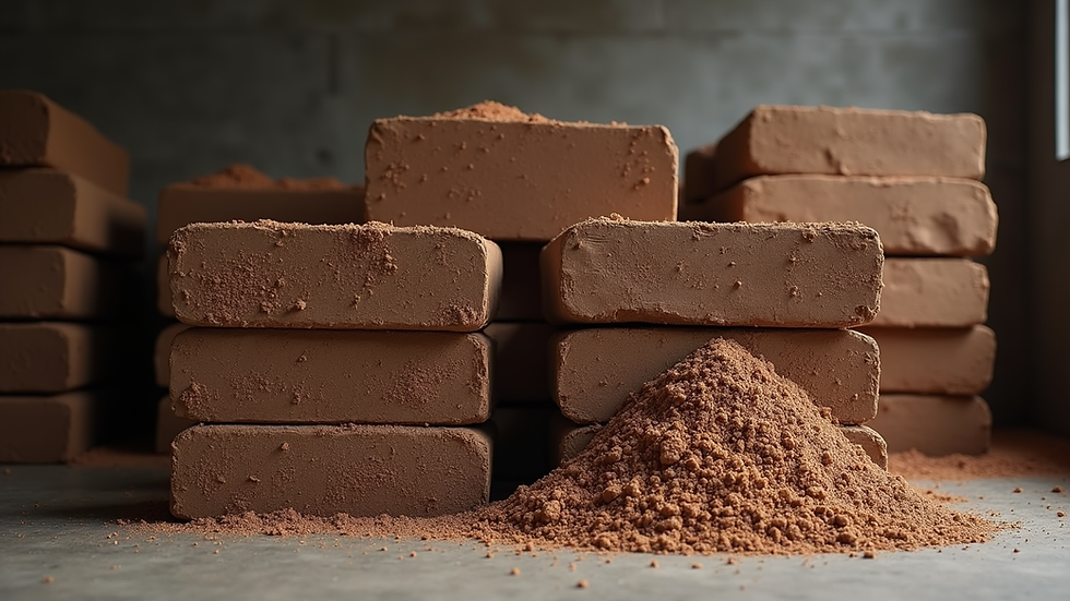 High angle view of stacked bulk coco peat blocks in warehouse