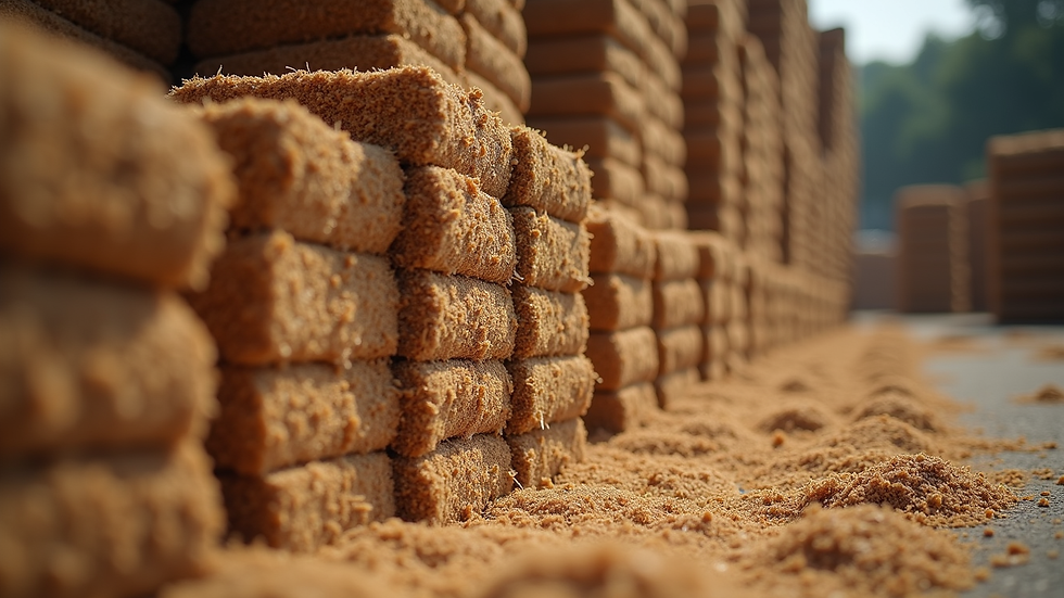 Eye-level view of stacked coir peat blocks ready for shipment