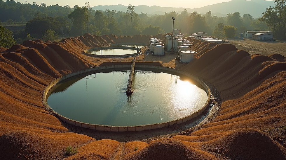 High angle view of coir peat washing facility showing water treatment tanks