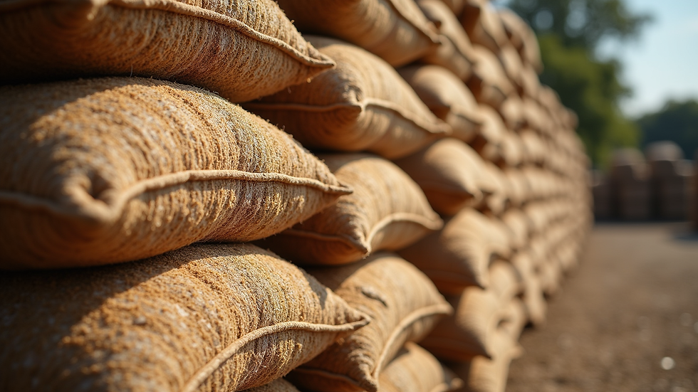 High angle view of stacked coco coir grow bags ready for shipment