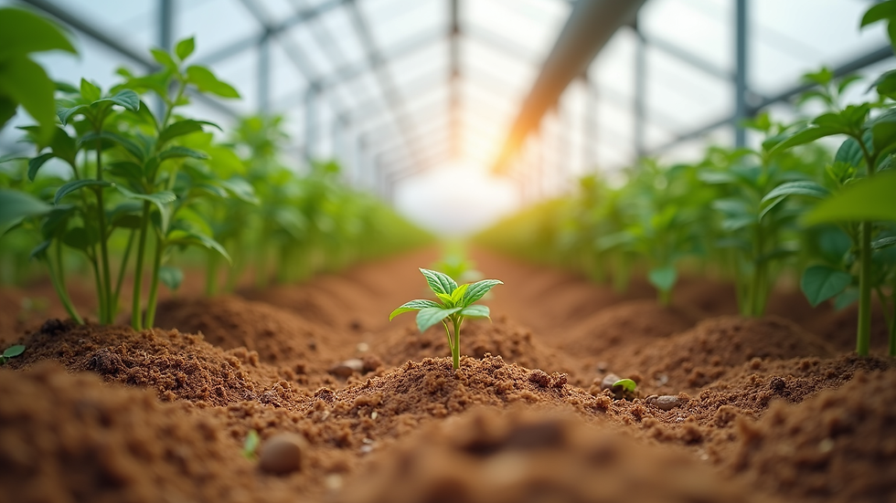 Eye-level view of a greenhouse with plants growing in coco coir substrate
