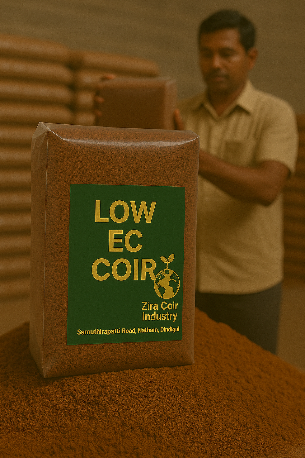 Low EC Coir block from Zira Coir Industry, Samuthirapatti Road, Natham, Dindigul, with a worker handling packed coir blocks in the background.