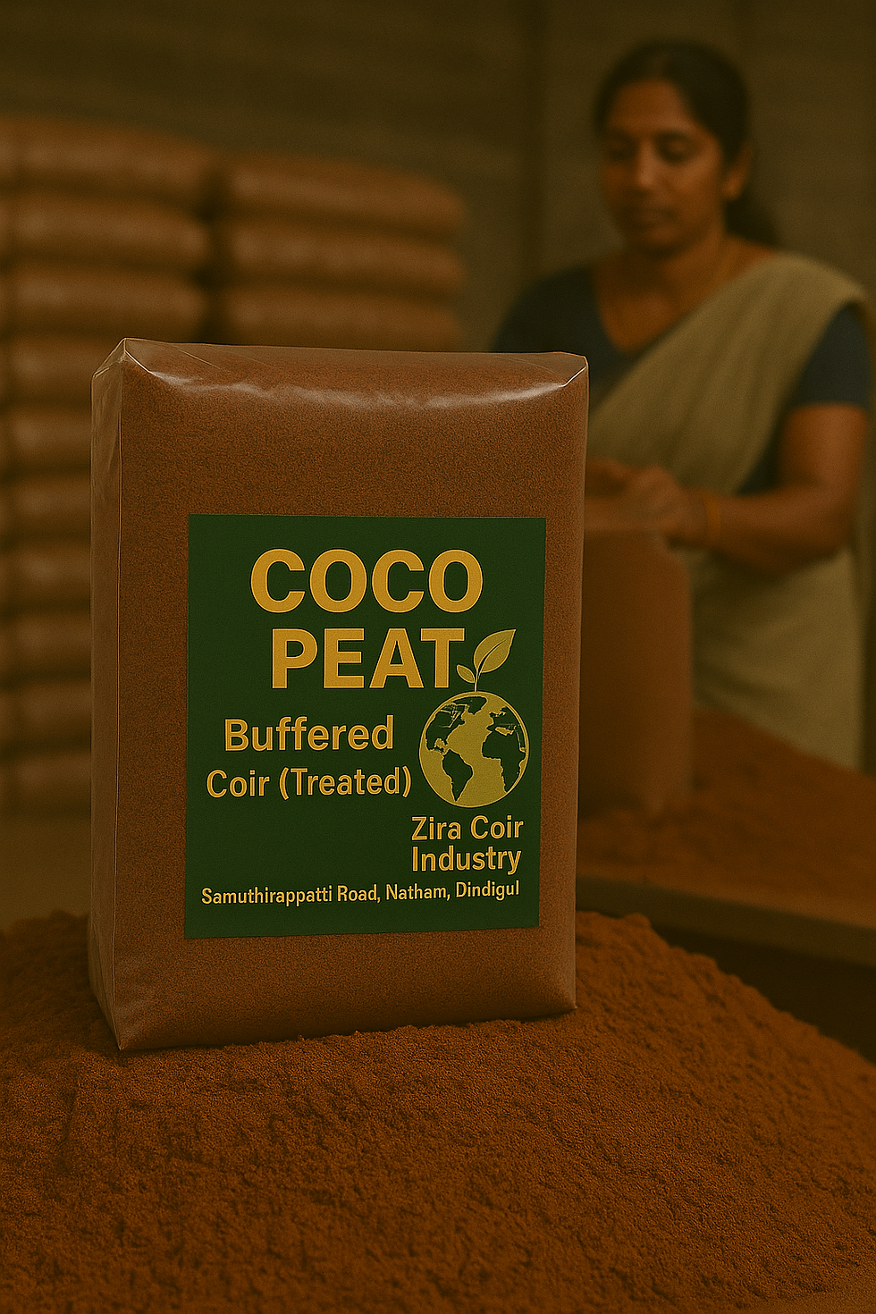 Buffered cocopeat block by Zira Coir Industry - high-quality treated coir ideal for horticulture and nurseries, made in Dindigul, India.