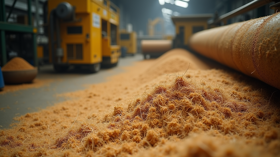 High angle view of coir fiber processing in an industrial setting