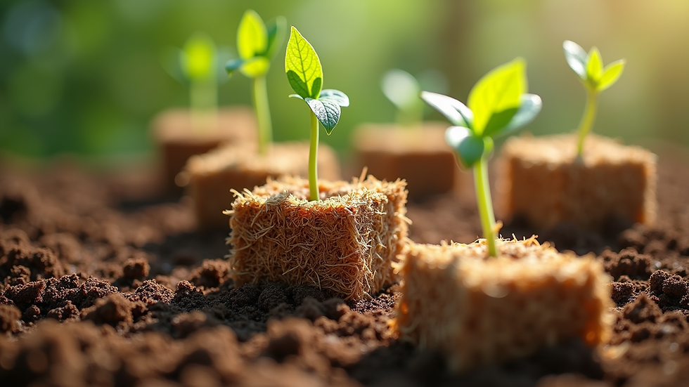 High angle view of coir grow cubes with seedlings sprouting