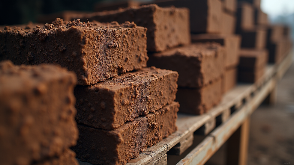 Close-up view of compressed coco peat blocks stacked for shipment