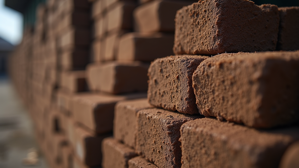 Close-up view of compressed coco peat blocks stacked for shipment