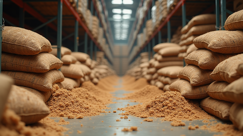 Eye-level view of a warehouse filled with bags of processed coco coir