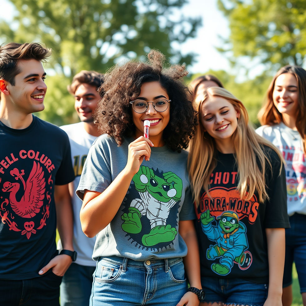 create group of teens men and women that is happy and love to wear pop culture shirts and