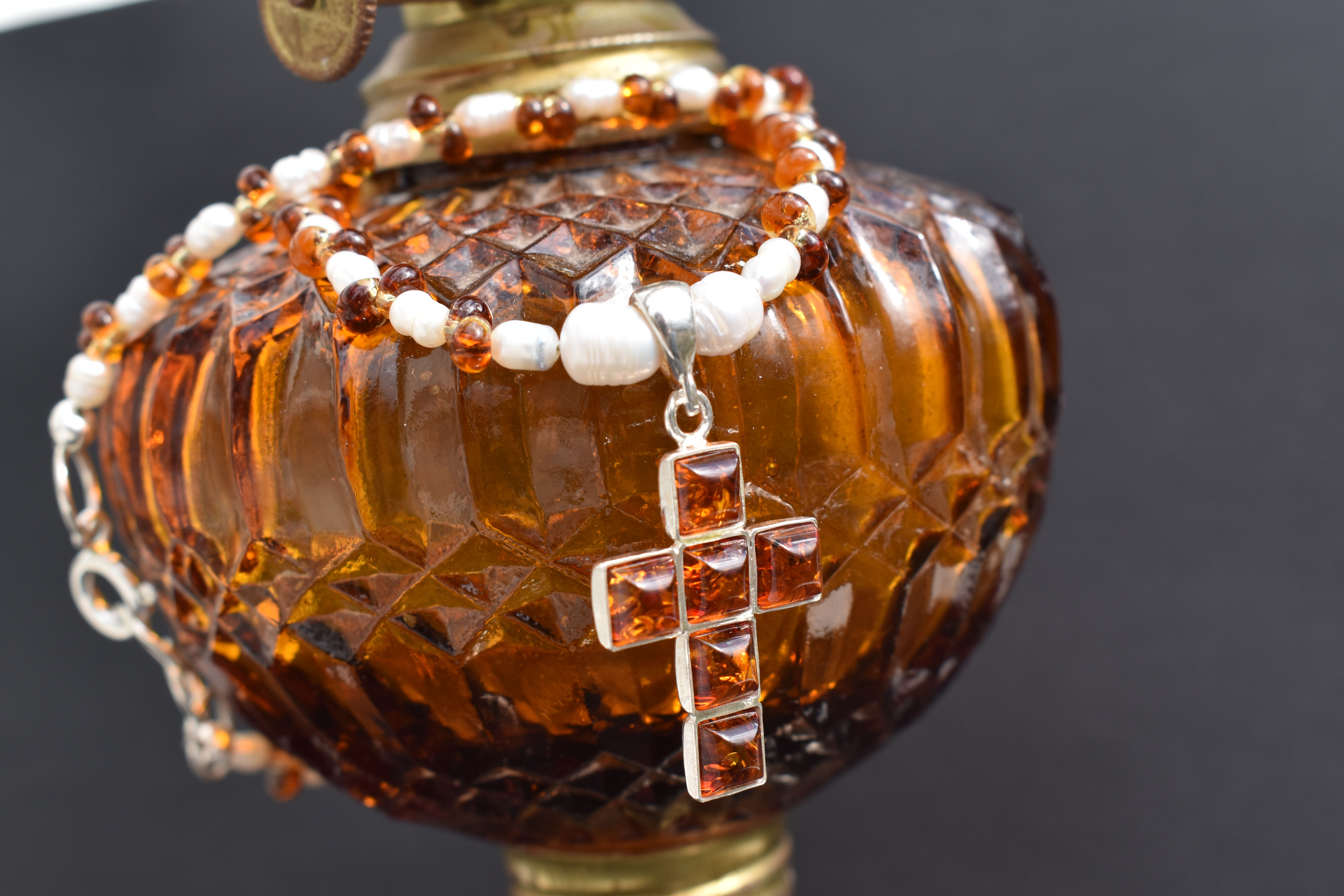 Amber & Pearls Cross Necklace