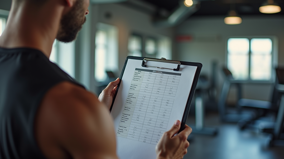 Eye-level view of a fitness trainer showing a workout plan on a clipboard