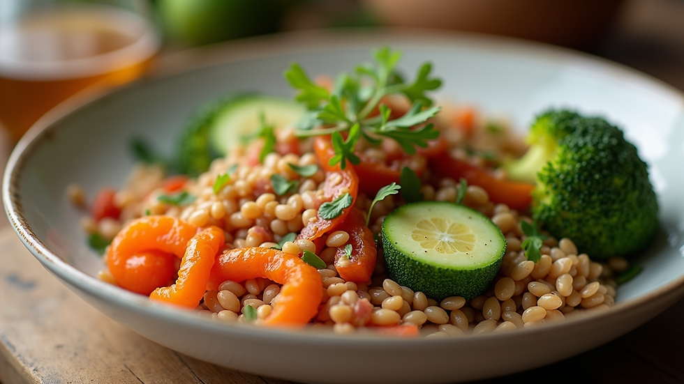 Close-up view of a colorful, healthy meal with vegetables and grains