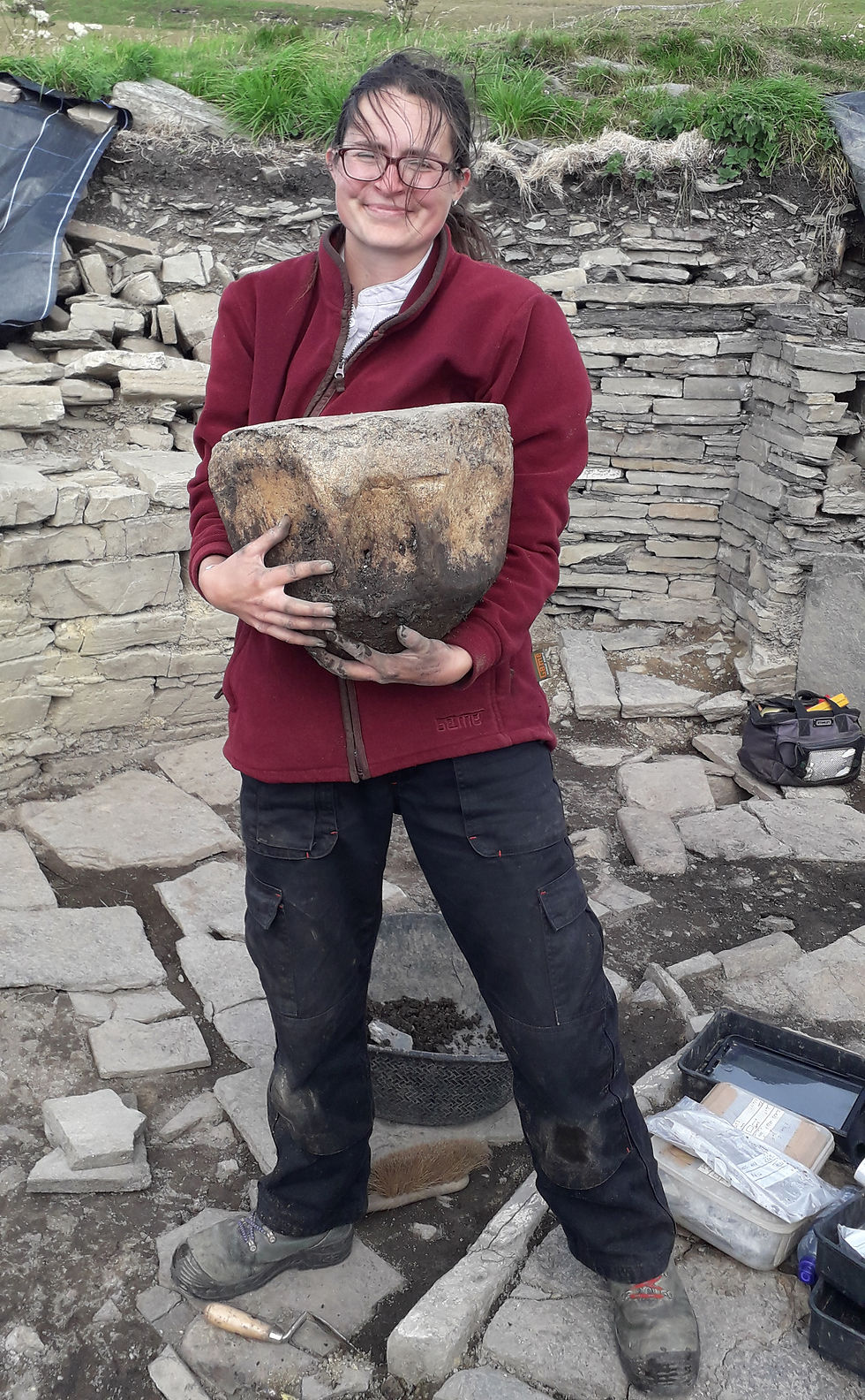 Whale vertebra used as a socket to hold an upright over the fire at the excavation at Swandro, Rousay, Orkney
