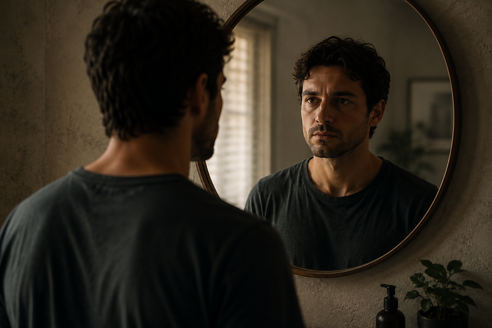 Man facing himself in the mirror