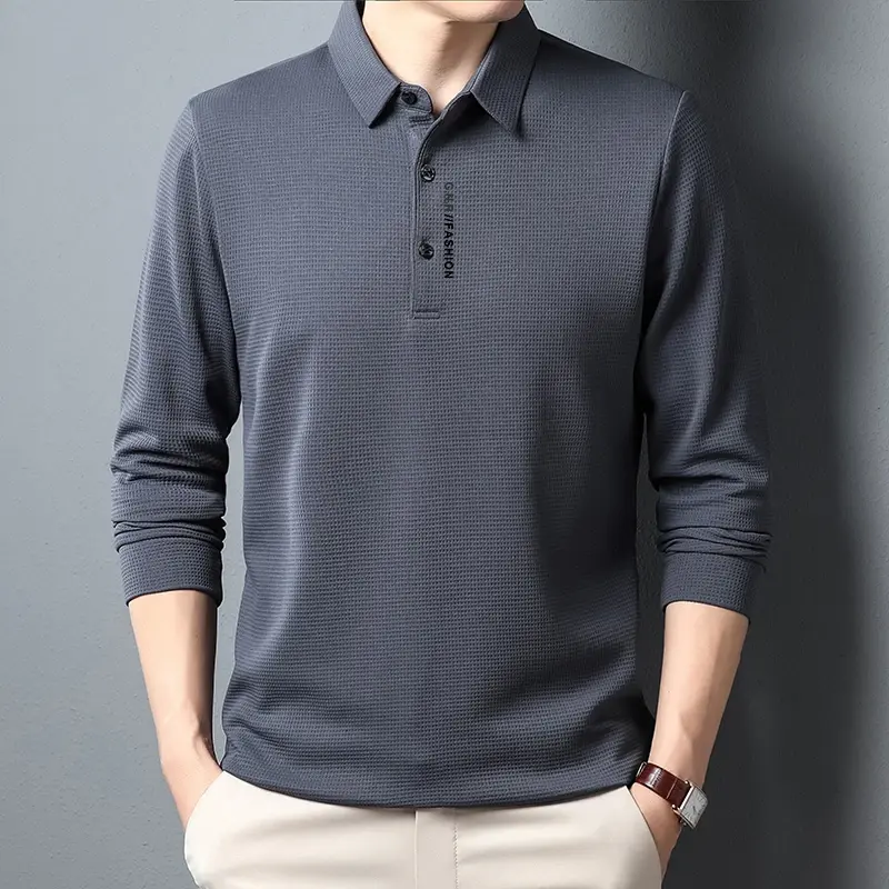 Thumbnail: Men's Waffle Long Sleeved POLO Shirt with Letter Printed Lapel Casual Top