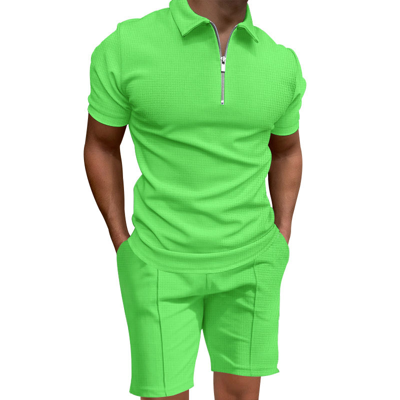 Thumbnail: Cross border 2024 summer men's polo shirt set solid color waffle short sleeve sl