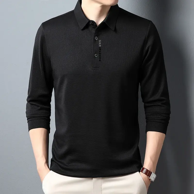Thumbnail: Men's Waffle Long Sleeved POLO Shirt with Letter Printed Lapel Casual Top