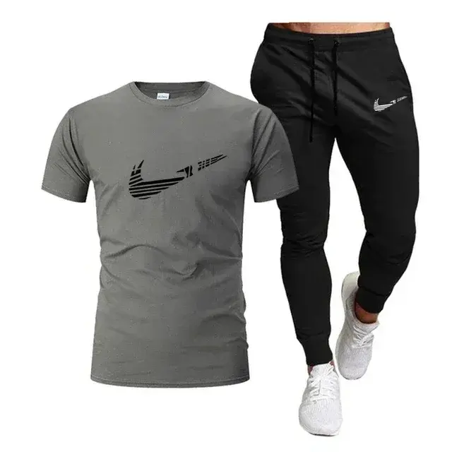 Thumbnail: Summer Sports Men's Jogging Pure cotton T-shirt + thin long Pants 2-piece breath