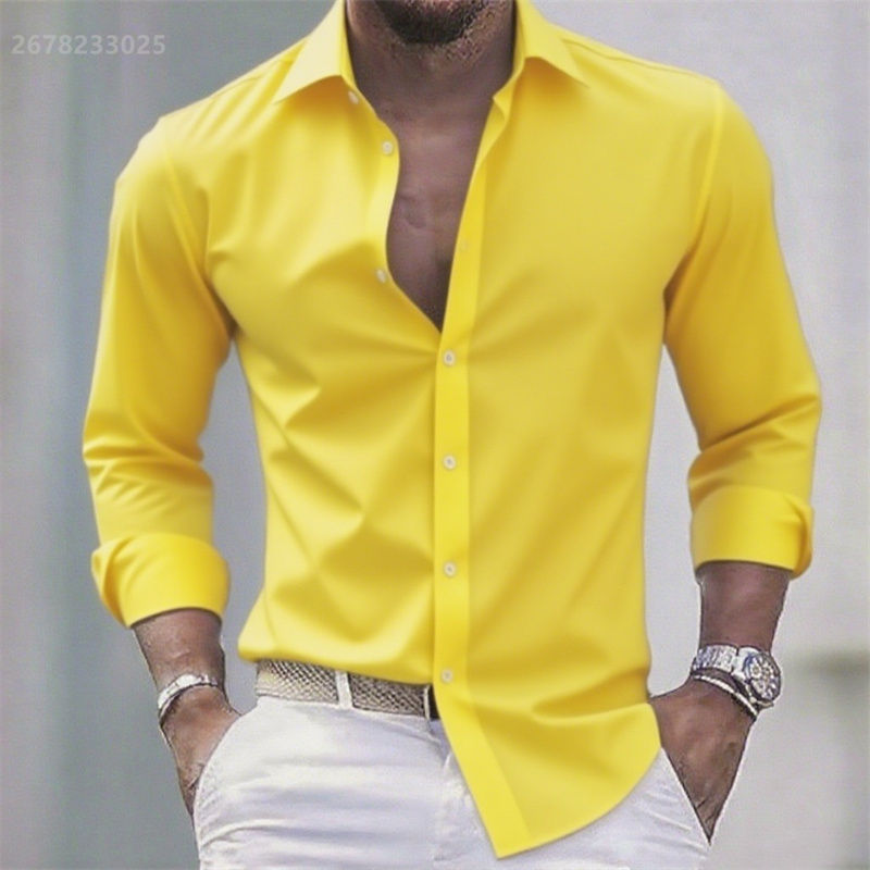 Thumbnail: Solid color men's casual white shirt, fashionable casual long sleeve stretch fab