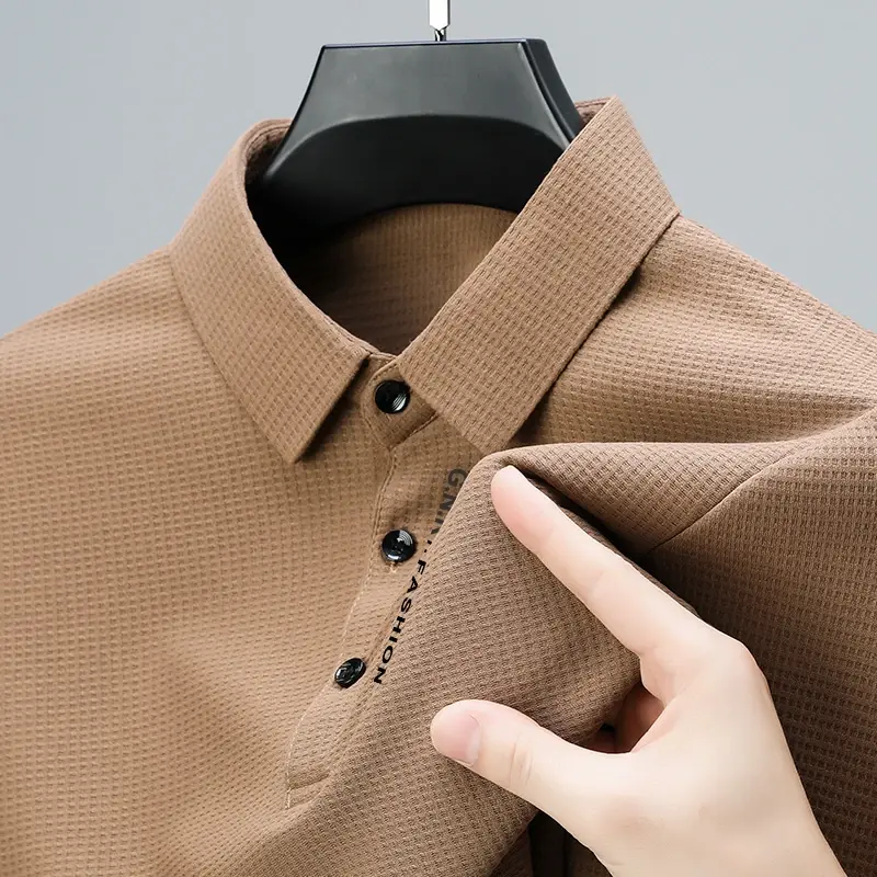 Thumbnail: Men's Waffle Long Sleeved POLO Shirt with Letter Printed Lapel Casual Top