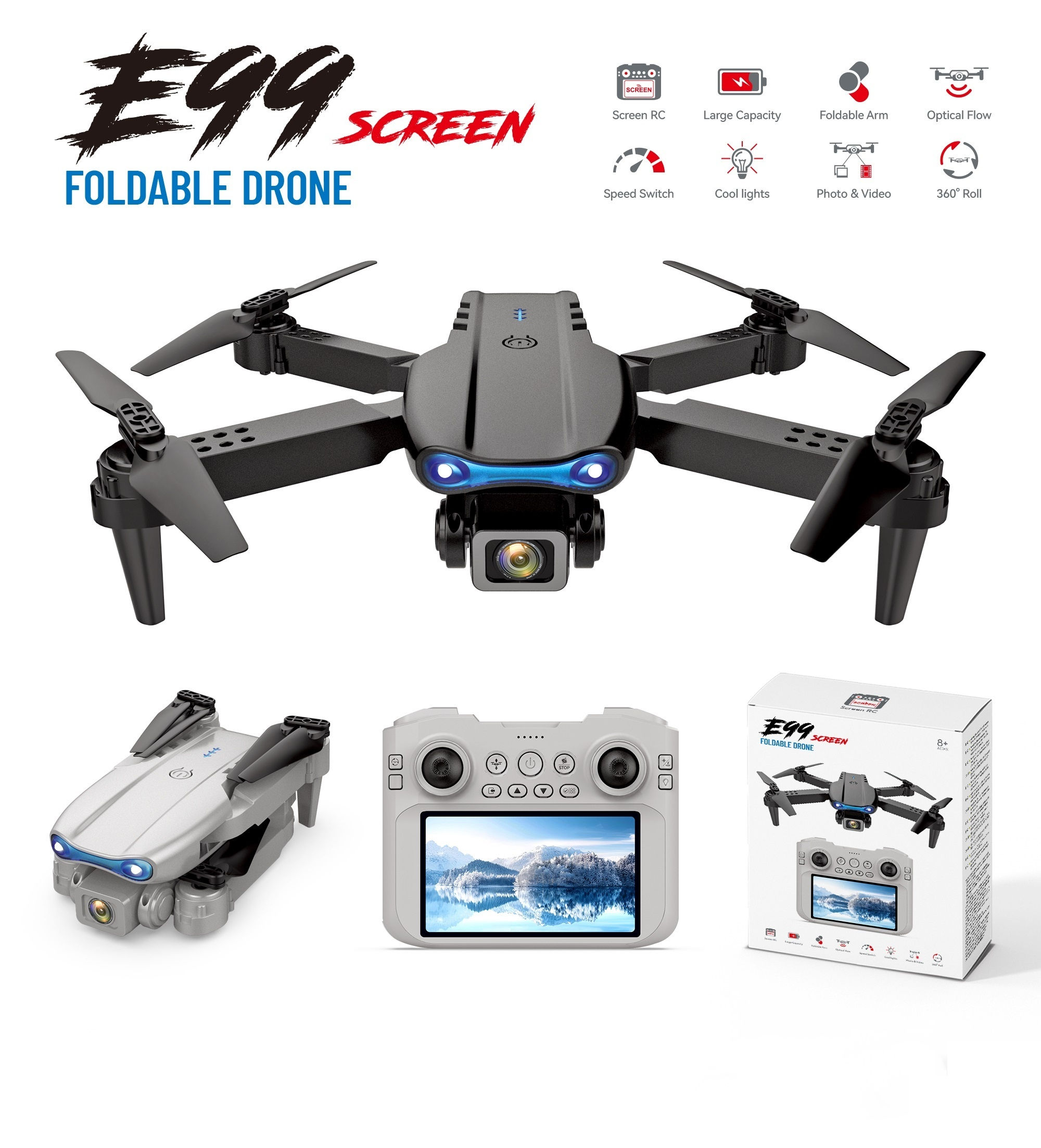 2026 New E99 MAX Drone Factory Professional 8K HD 4.3" Remote Control Headless M