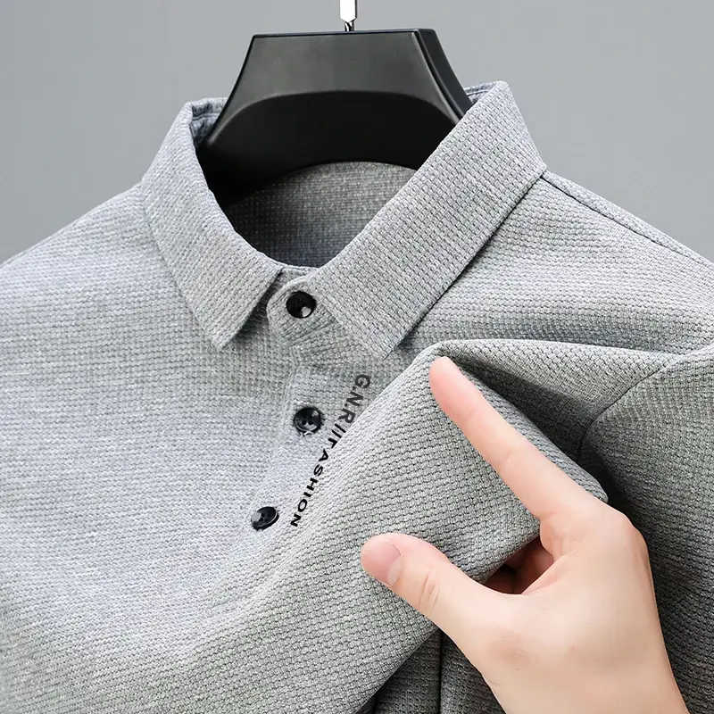 Thumbnail: Men's Waffle Long Sleeved POLO Shirt with Letter Printed Lapel Casual Top