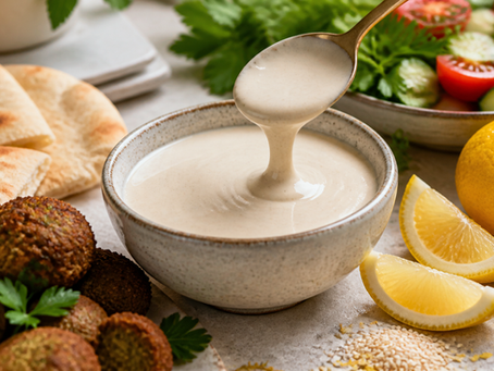 Creamy yuzu tahini drizzle in a ceramic bowl with citrus, sesame seeds, pita, falafel, and fresh vegetables.