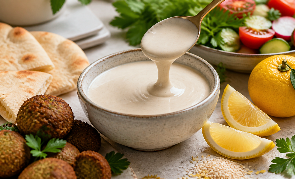 Creamy yuzu tahini drizzle in a ceramic bowl with citrus, sesame seeds, pita, falafel, and fresh vegetables.