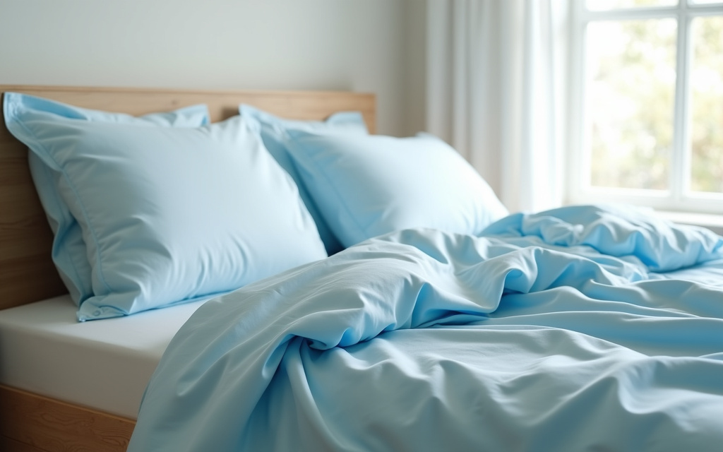 Cama con sábanas celestes satinadas
